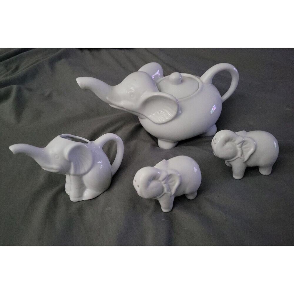 Abbott Elephant Tea Pot , Creamer, Salt & Pepper - All White Porcelain